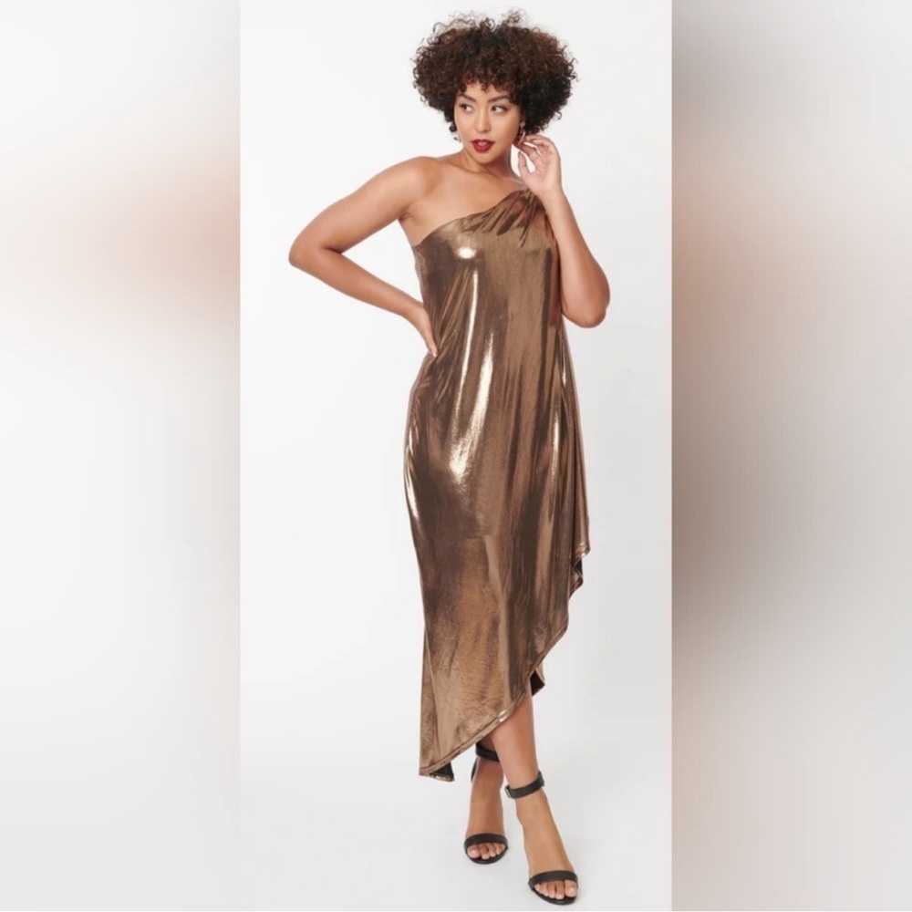 Unique Vintage Bronze One-Shoulder Dress